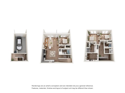 Three renderings of a house with different layouts.